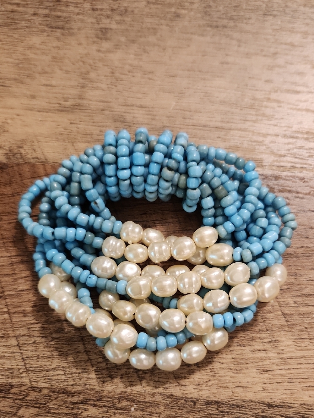 Blue Bead and Pearl Stretch Bracelet